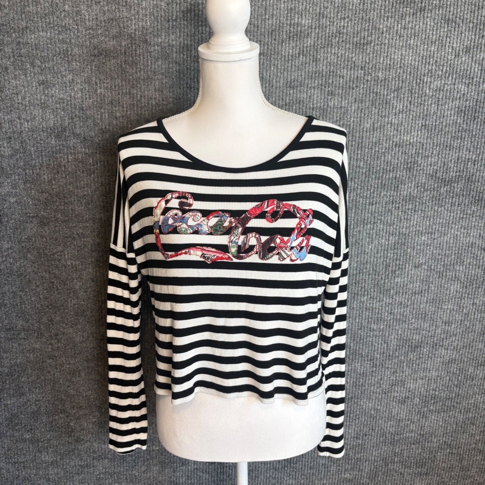 Vintage Coke Jeans Womens Black White Striped Coca-Cola Patchwork Logo Size M